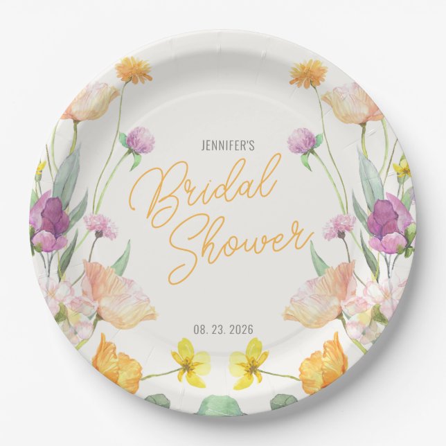 Plato De Papel Moda Wildflower Script Bridal Shower (Anverso)