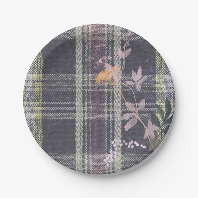 Plato De Papel Moda Winter Check Floral Plaid Farmhouse (Anverso)