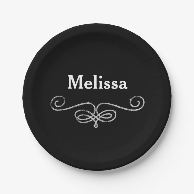 Plato De Papel Moda y elegante negro y plata (Anverso)