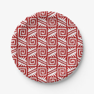 Plato De Papel Modelo azteca de Ikat - rojo oscuro y blanco