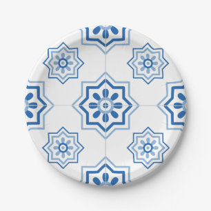 Plato De Papel Modelo AZUL de la teja de Azulejo del portugués