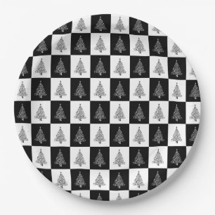 Plato De Papel Modelo blanco negro del árbol de navidad elegante
