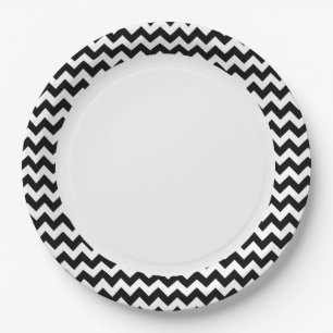 Plato De Papel Modelo blanco y negro de Chevron del zigzag