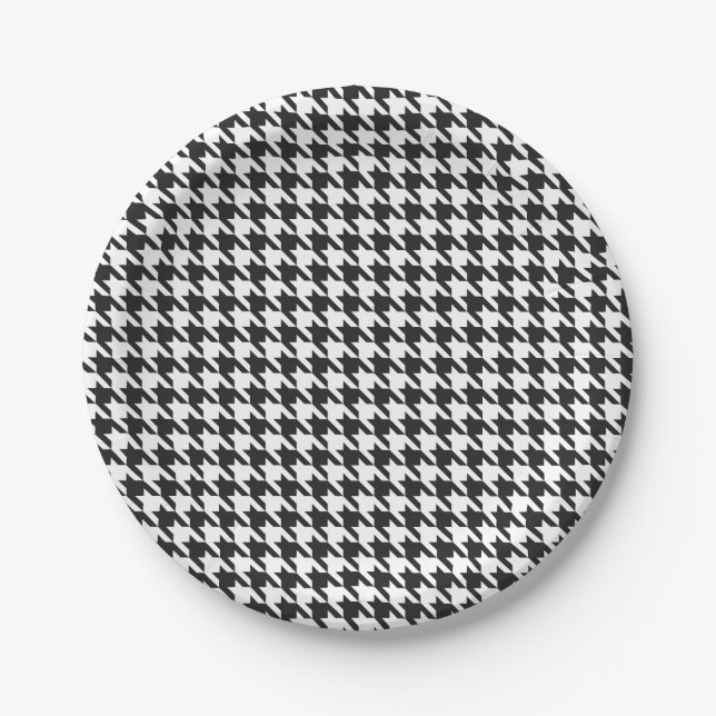 Plato De Papel Modelo blanco y negro de Houndstooth (Anverso)