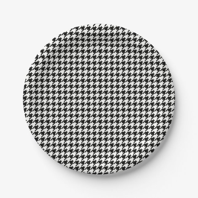 Plato De Papel Modelo blanco y negro de Houndstooth (Anverso)