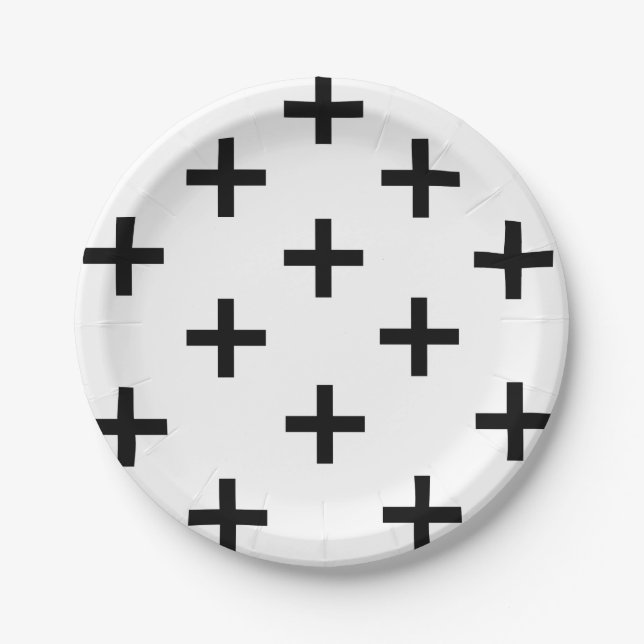 Plato De Papel Modelo cruzado suizo blanco y negro moderno (Anverso)