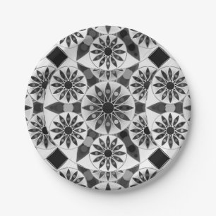 Plato De Papel Modelo de la mandala, negro, blanco y gris/gris