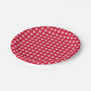 Plato De Papel Modelo de Pawprint (rojo y blanco)