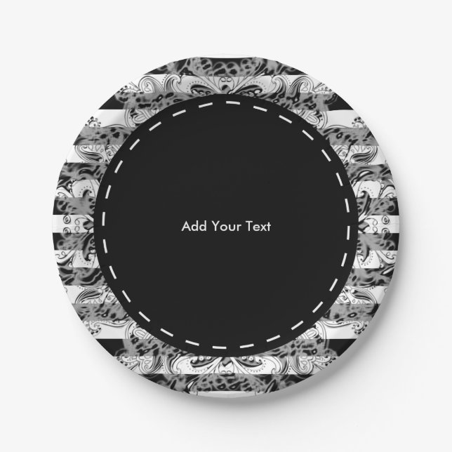 Plato De Papel Modelo el | de Paisley y de las rayas negro, (Anverso)