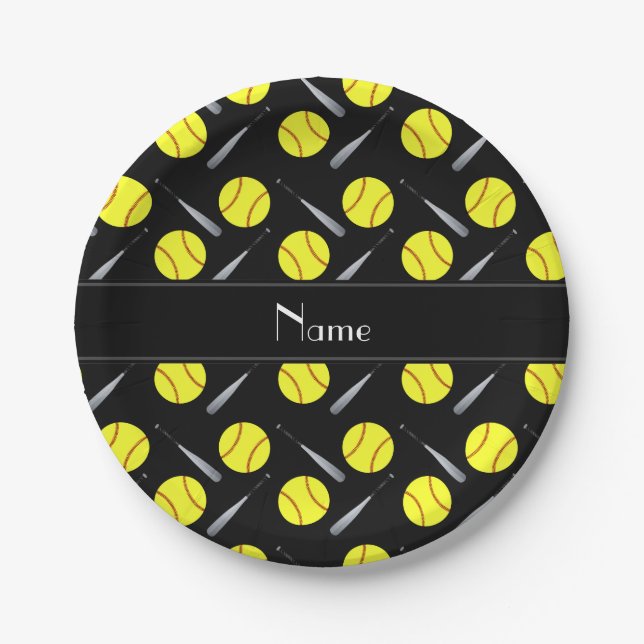 Plato De Papel Modelo negro conocido personalizado del softball (Anverso)