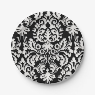 Plato De Papel Modelo negro y blanco del damasco