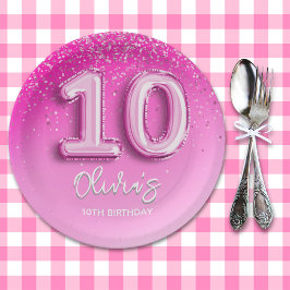 Plato De Papel Modern 10th Birthday Girl Pink Number Balloon