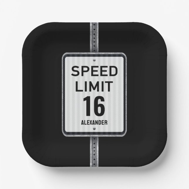 Plato De Papel Modern 16th Birthday Speed Sign (Anverso)