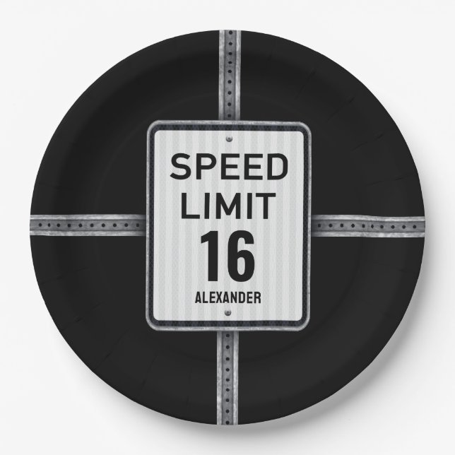 Plato De Papel Modern 16th Birthday Speed Sign (Anverso)