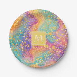 Plato De Papel Modern Abstract Glitter Floral Monogram Design    