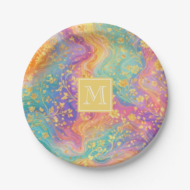 Plato De Papel Modern Abstract Glitter Floral Monogram Design     (Anverso)