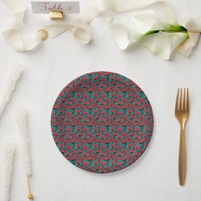 Plato De Papel Modern Abstract Red Poppy Floral Pattern (Boda)