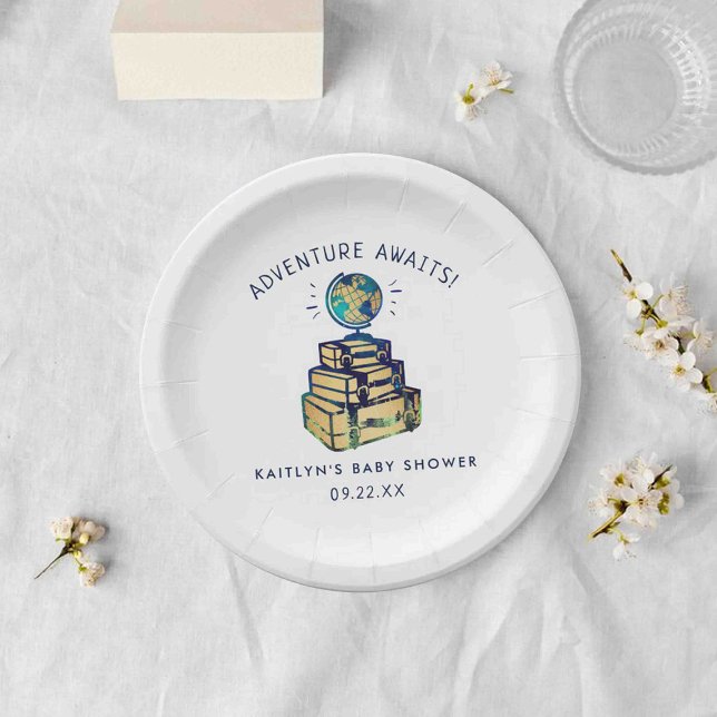 Plato De Papel Modern Adventure Travel Globe Baby Shower (Subido por el creador)