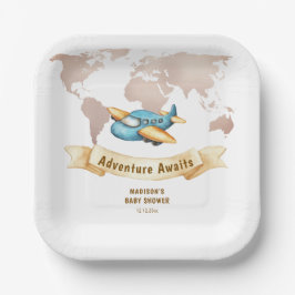Plato De Papel Modern Adventure World Map Airplane Baby Shower