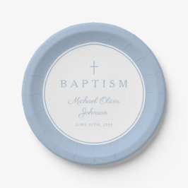 Plato De Papel Modern Baby Blue Religious Cross Baptism