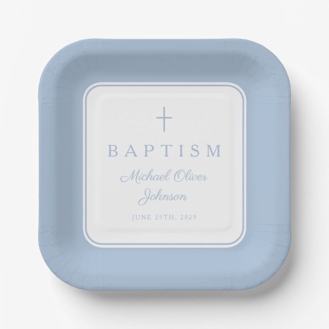 Plato De Papel Modern Baby Blue Religius Cross Boy Baptism (Anverso)