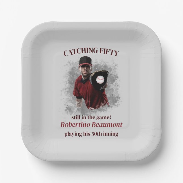 Plato De Papel Modern Baseball Catching Fifty Men's 50th Birthday (Anverso)
