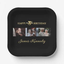 Plato De Papel Modern Black & Gold Custom Photos 70th Birthday