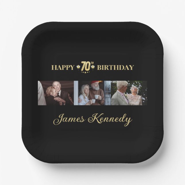 Plato De Papel Modern Black & Gold Custom Photos 70th Birthday (Anverso)