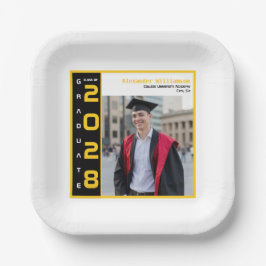 Plato De Papel Modern Black Yellow White Graduation Photo Party