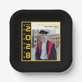 Plato De Papel Modern Black Yellow White Graduation Photo Party