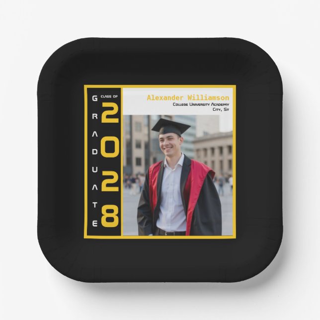 Plato De Papel Modern Black Yellow White Graduation Photo Party (Anverso)