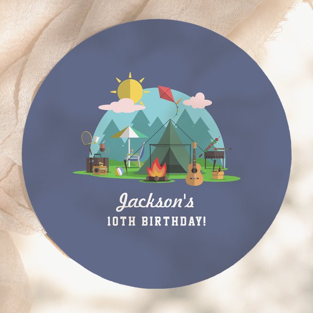Plato De Papel Modern Blue Camping Birthday Party (Subido por el creador)