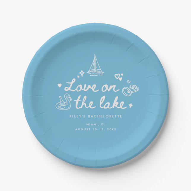 Plato De Papel Modern Blue Script Lake Bachelorette Party (Anverso)