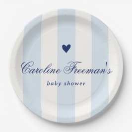 Plato De Papel Modern Blue Stripe Heart Valentine Baby Shower
