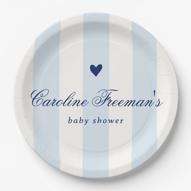 Plato De Papel Modern Blue Stripe Heart Valentine Baby Shower (Anverso)