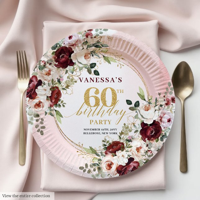 Plato De Papel Modern Boho Burgundy Gold Floral 60th Birthday  (Modern Boho Burgundy Gold Floral 60th Birthday Plates)
