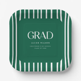 Plato De Papel Modern Bold Green Striped Pattern Graduation Party