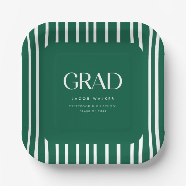 Plato De Papel Modern Bold Green Striped Pattern Graduation Party (Anverso)