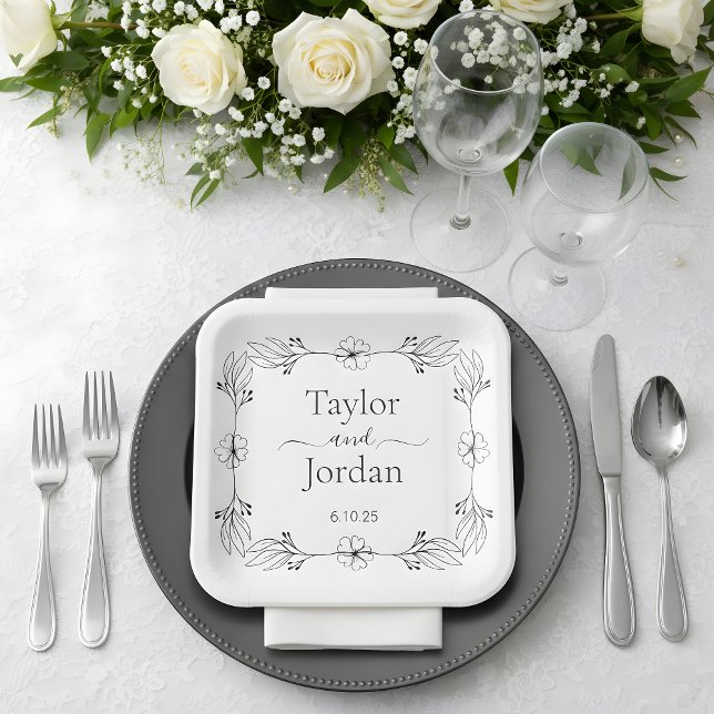Plato De Papel Modern Botanical Border Custom Name Wedding  (Subido por el creador)