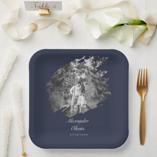 Plato De Papel Modern Brushstroke Photo Wedding | Navy Blue (Boda)