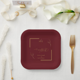 Plato De Papel Modern Burgundy Golden Leaflet Border Monogram