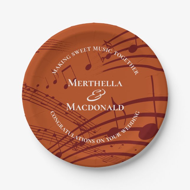 Plato De Papel Modern Burgundy Naranja Music Notes Boda (Anverso)