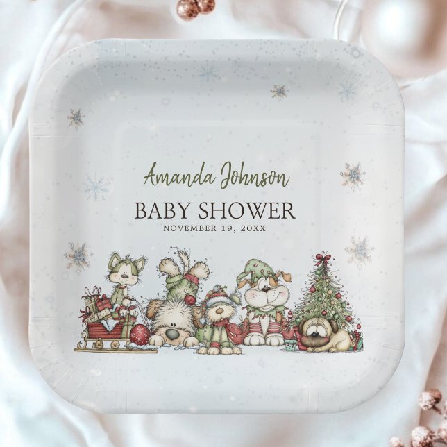 Plato De Papel Modern Christmas Lights Puppy Baby Shower (Subido por el creador)