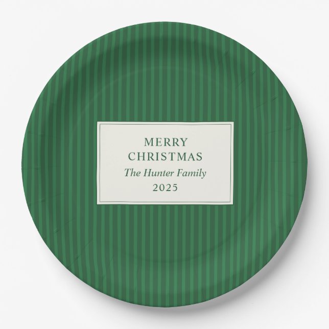 Plato De Papel Modern Christmas Minimal Holiday Green Stripes (Anverso)