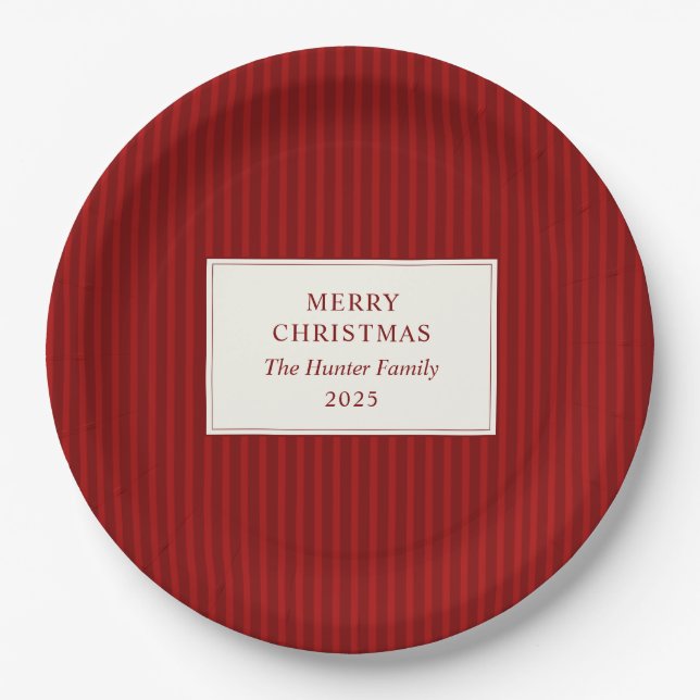 Plato De Papel Modern Christmas Minimal Holiday Red Stripes (Anverso)