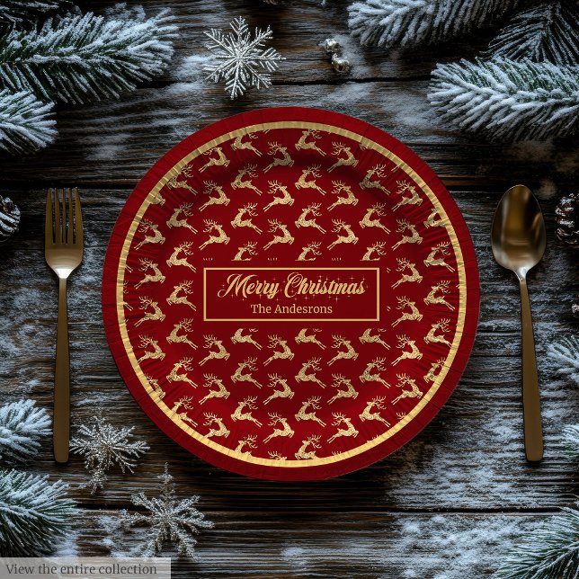 Plato De Papel Modern Christmas Paper Plates Red & Gold Reindeer (Modern Christmas Paper Plates Red & Gold Reindeer)