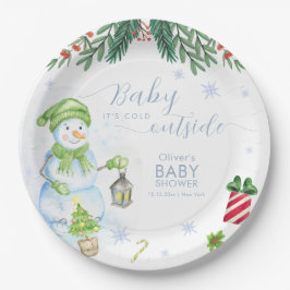 Plato De Papel Modern Cold Outside Floral Snowman Baby Shower