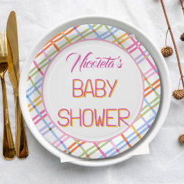 Plato De Papel Modern Colorful Plaid Baby Shower Theme