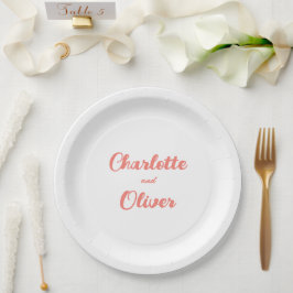 Plato De Papel Modern Coral Pink Script Wedding Party