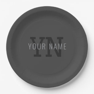 Plato De Papel Modern Dark Gray Monogrammed Name (u otro texto)